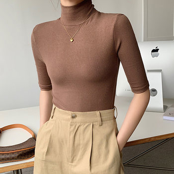 Layered Turtleneck Base Shirt for Women, Spring and Autumn 2023 New Style, Slim Fit, Three-Quarter Sleeve, Pure Cotton Ribbed T-Shirt Top