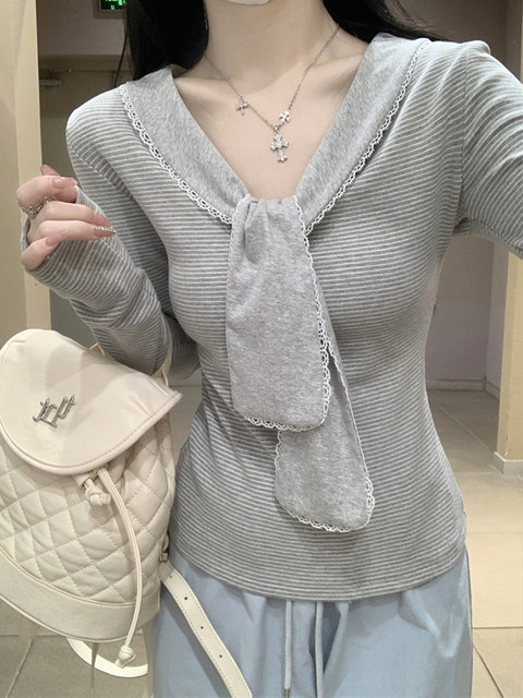 Korean Style College-Style Navy Collar Long-Sleeved T-Shirt for Women 2025 Early Autumn Contrasting Stripes Stunning Design Age-Reducing Top