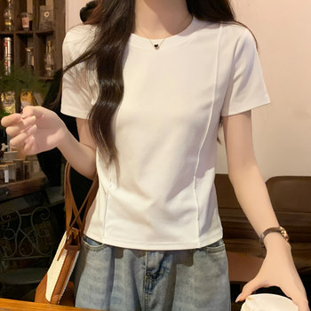 Designed Fishbone-Pattern Round-Neck Short-Sleeve T-Shirt for Women, New Summer Korean Style, White, Slim-Fit, Versatile Top ins