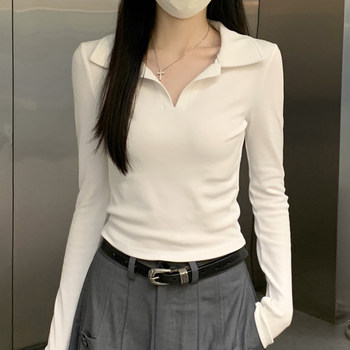 White Designer Polo Collar Unique Base Shirt for Women 2025 Early Autumn Simple Inner Wear Regular Shoulder Slim Fit Top