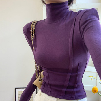 Autumn and Winter High-Neck Long-Sleeve Regular Shoulder Base Shirt for Women, Slim Fit with Fishbone Line, Warm Inner Wear, Cropped Top That Exposes the Navel