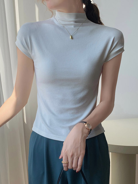 Basic Simple High-Neck Ribbed Cotton T-Shirt for Women, Blue, Early Autumn New Style, Korean Version, Slim Fit, Mid-Neck Base Shirt ins