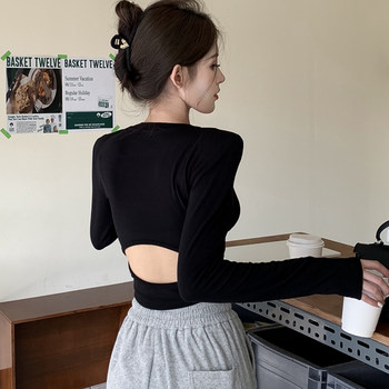 Sexy Hot Girl Style Slim-Fit Short Backless T-Shirt for Women, Autumn Inner Layer with Fleece, Cropped Shoulder Pad Top ins