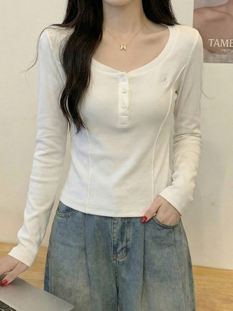 Petite Round-Neck Button Design Long-Sleeve T-Shirt for Women, Spring Slim-Fit Versatile Unique High-End Stunning Top