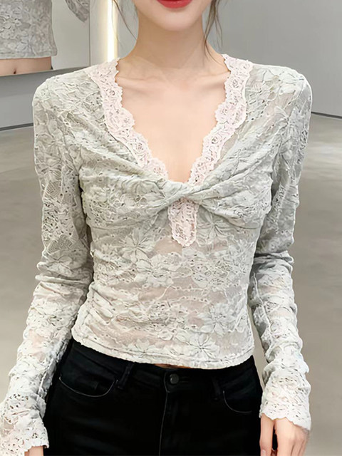 Sexy Hot Girl Twist-Knotted Long-Sleeved Lace Shirt for Women 2026 Spring Spliced Contrasting Color High-End Slim-Fit V-Neck Top