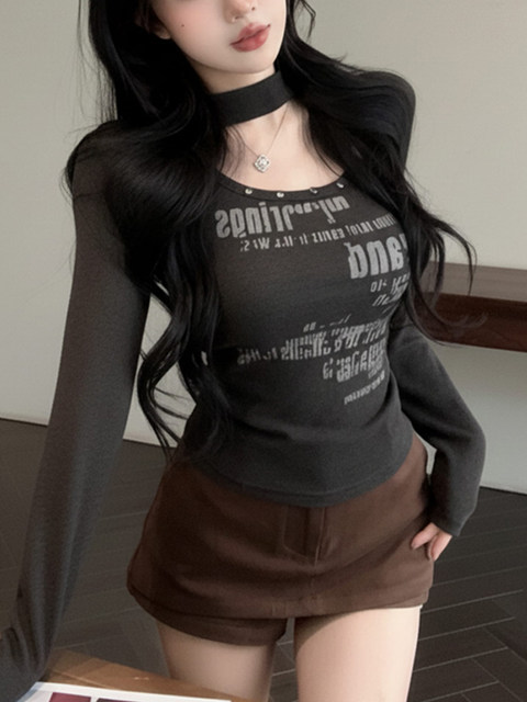 Sexy American-Style Spicy Girl Square-Neck Letter-Print T-Shirt for Women, Autumn Studded High-End Unique Pullover Top