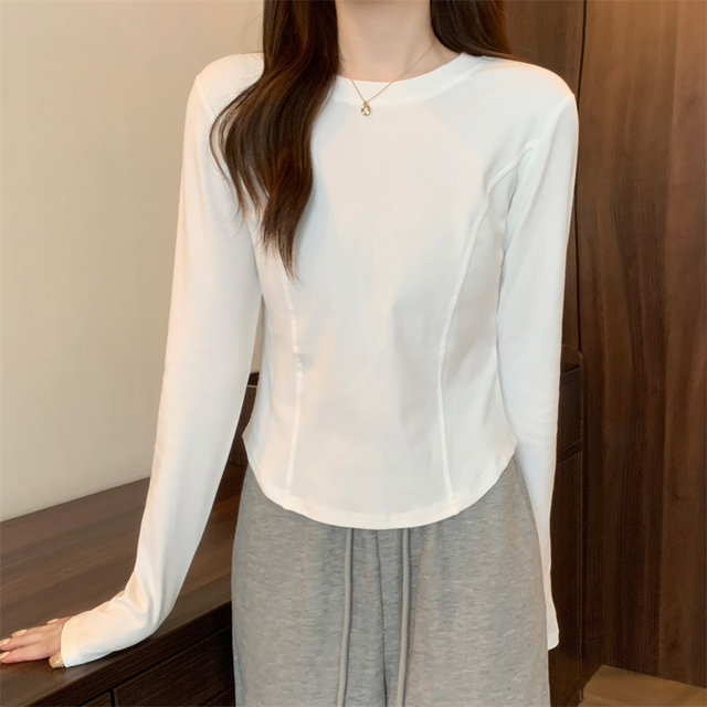 Irregular splicing white long-sleeved t-shirt women's autumn and winter new korean version slim curved hem top bottoming shirt short