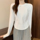 Irregular Patchwork White Long-Sleeved T-Shirt for Women, New Autumn and Winter Korean Style Slim Fit Curved Hem Top, Short Base Shirt