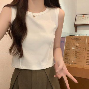 ins Simple White Round Neck Base Shirt for Women, Early Autumn New Style, Petite Fishbone Line Slim Fit Short Layered Vest