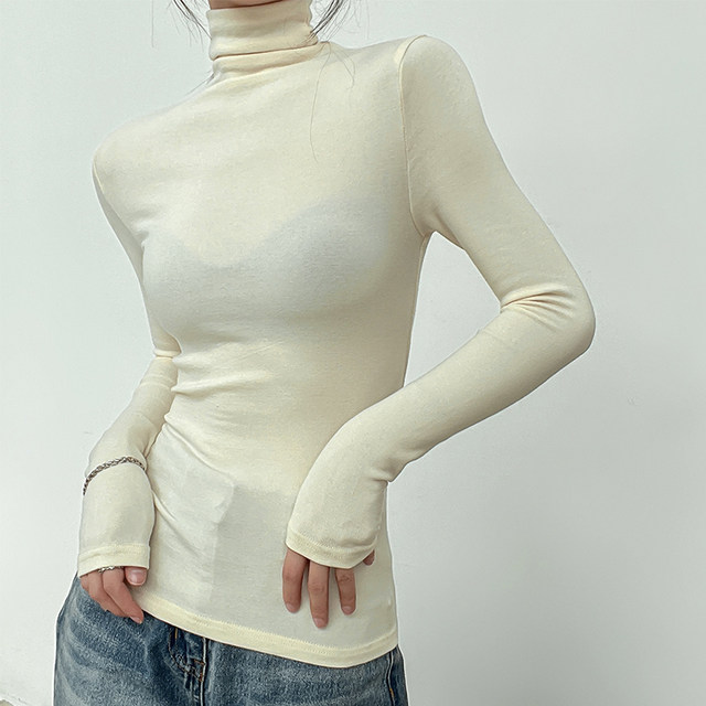 Warm, Thick, Stacked Collar, Brushed Long-Sleeve T-Shirt for Women, New Autumn and Winter Slim-Fit High-Neck Base Layer for Women