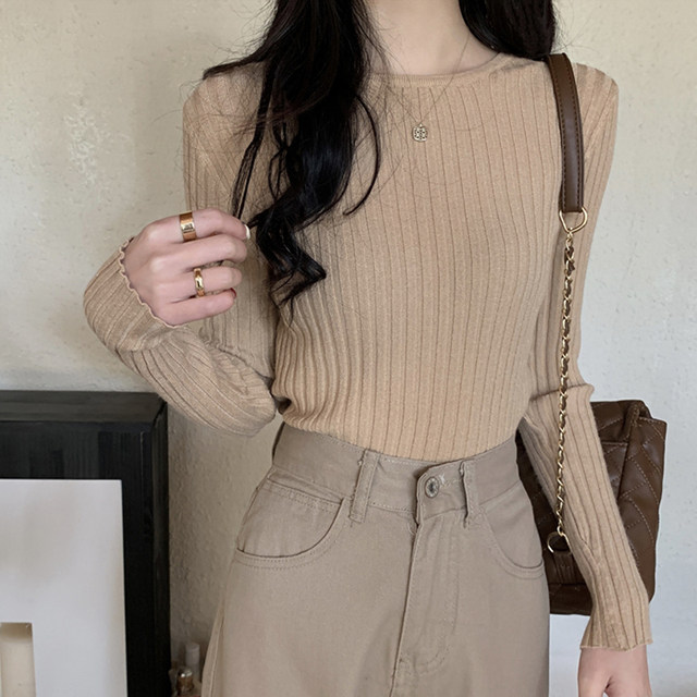 Layered Round Neck Ribbed Long-Sleeve Base Sweater for Women, New Autumn and Winter Style, Slim Fit, Stretchy, Versatile Knit Top