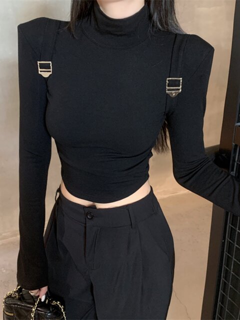 Sexy Black High-End Top for Women 2025 Autumn and Winter, Small High Collar, Strap Design, Exposed Navel, Short Style, Brushed T-Shirt