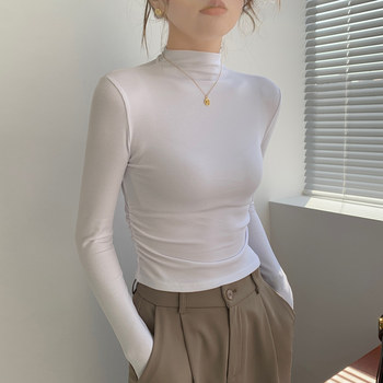 Casual White Half-High Collar Long-Sleeved Inner T-Shirt for Women, Early Autumn New Korean Style Pleated Slim Fit Short Top