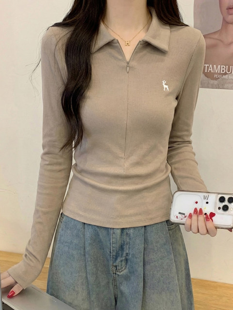 Fashionable Polo Collar Versatile Zipper Embroidered T-Shirt for Women, Spring College Style, Slim Fit, Unique, Beautiful, Age-Reducing Top