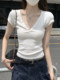 Pure and Alluring Style, Slim Fit Women's Clothing, 2025 Summer Button-Up V-Neck T-Shirt That Exposes Collarbones, Spicy Girl Vibe, Versatile Top