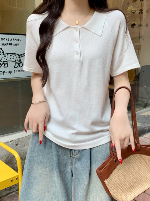 Gray Simple Casual Polo Collar Raglan Sleeve Knit Top for Women, Fashionable Button-Down Turn-Down Collar Loose Versatile Short-Sleeve Shirt