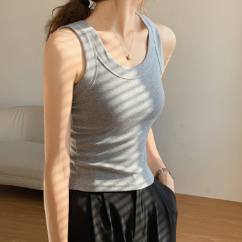 Basic Wide-Strap Ribbed Cotton Tank Top for Women, New Summer Korean Style Slim-Fit High-Waisted Sleeveless Short Top