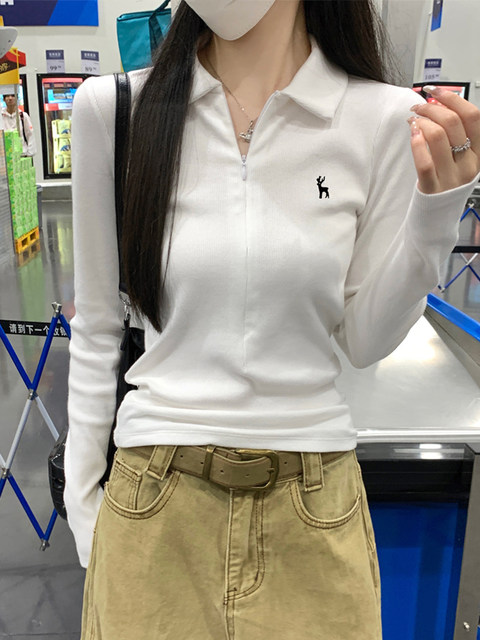 Chic Embroidered Slim-Fit Regular Shoulder T-Shirt for Women with a Stylish White Polo Collar, Inner Layer, Half-Zip Long-Sleeve Top