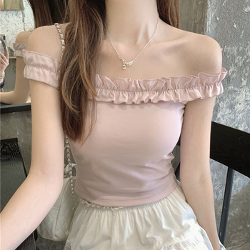 Korean Chic Style Pure and Alluring Off-Shoulder Camisole for Women, Summer 2025, with Chest Pads and Ruffled Edges, Sweet and Spicy Top