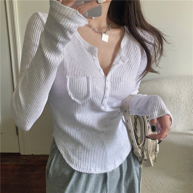 Pure and Alluring Style, Unique Button Half-Open Collar Long-Sleeve T-Shirt for Women, New Spring Slim-Fit Pocket Pure Cotton Base Shirt ins
