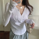 Pure and Alluring Style, Unique Button Half-Open Collar Long-Sleeve T-Shirt for Women, New Spring Slim-Fit Pocket Pure Cotton Base Shirt ins