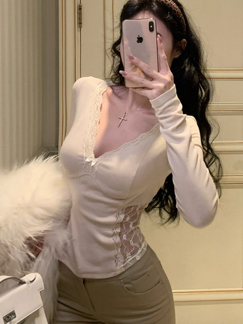 Sexy Hot Girl Style Lace Trim Long-Sleeve T-Shirt for Women 2025 Autumn and Winter, Subtle V-Neck, Slim Fit, Flattering Inner Top
