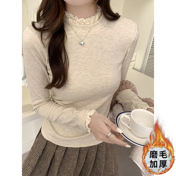 French Sweet Style Lace Trim Brushed T-Shirt for Women 2025 Winter Half-High Collar Warm Regular Shoulder Versatile Elegant Top