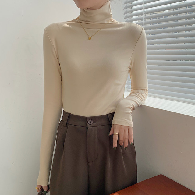 Warm Thin Fleece Brushed Turtleneck Base Layer Shirt for Women, New Autumn Korean Style Slim Fit Stacked Collar Long-Sleeve T-Shirt ins