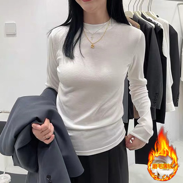 Layered Brushed Thin Velvet Small Stand-Up Collar Base Shirt for Women 2025 Autumn and Winter New Slim-Fit Half-High Collar Long-Sleeve T-Shirt Top