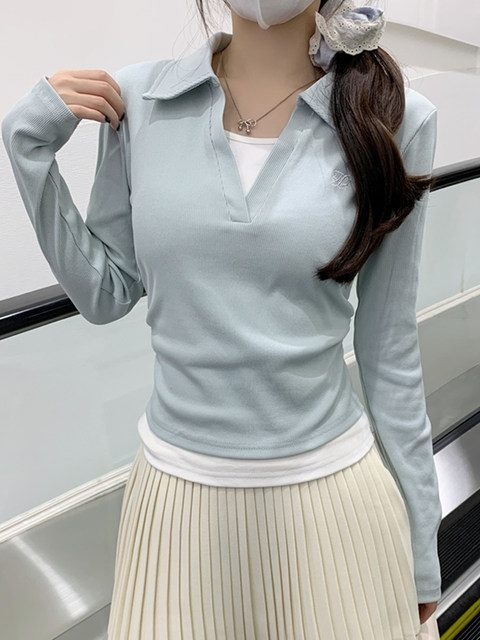 Korean Style Sweet and Elegant Slim-Fit Long-Sleeve T-Shirt for Women, 2026 Spring High-End Faux Two-Piece Color-Block Polo Collar Top