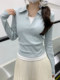 Korean Style Sweet and Elegant Slim-Fit Long-Sleeve T-Shirt for Women, 2026 Spring High-End Faux Two-Piece Color-Block Polo Collar Top