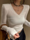 2025 Early Spring Elegant V-Neck Slim Fit Long-Sleeve T-Shirt for Women, Tight-Fitting Ruched Crop Top for Layering