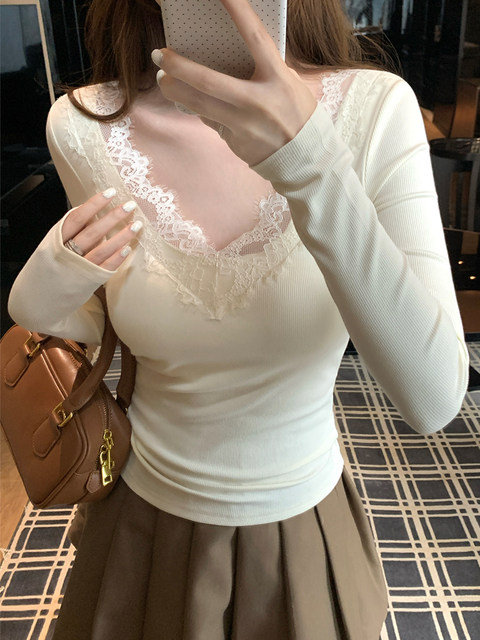 Sweet and Youthful Lace Patchwork Long-Sleeve T-Shirt for Women, New Spring Style, Slimming, High-End, Unique, Super Stylish Top, Ins