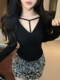 Pure hot girl style V-neck slim-fitting shirt for women spring new design twist slimming bottoming shirt top