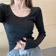 Trendy Shoulder-Padded Patchwork Brushed Ribbed Cotton Long-Sleeve T-Shirt for Women, New Autumn and Winter Slim-Fit Versatile U-Neck Base Shirt, Short Style