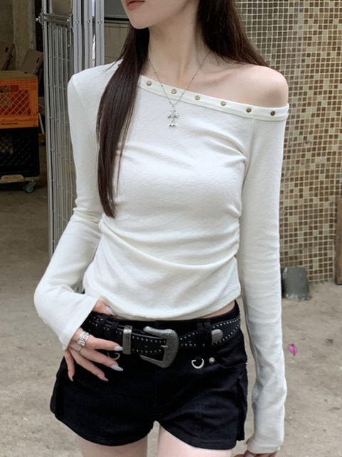 Trendy Korean Style T-Shirt with Unique Shoulder Design, Pleated Design, and Studded Details for Women, New Autumn Collection