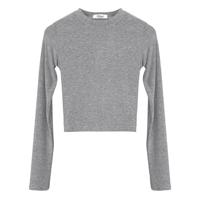 Basic Style Simple Round Neck Long-Sleeve T-Shirt for Women, Early Autumn New Tight-Fitting Waist-Revealing Base Shirt, Short Top