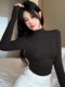 Minimalist Style Half-High Collar Slim-Fit Ruched Long-Sleeve T-Shirt for Women, Spring Pure Desire Short Korean Chic Unique Top