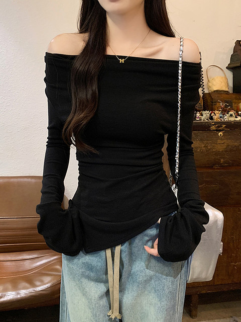 Base Layer Shirt 2024 New Style Women's Autumn and Winter Fashionable Long-Sleeved T-Shirt with a Trendy and Stylish Irregular Neckline Top
