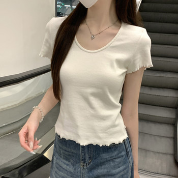 Korean Style Sweet Versatile Short-Sleeve T-Shirt for Women, Summer 2025 New Model, Small U-Neck with Unique Ruffled Edges, Slimming and Elegant Top