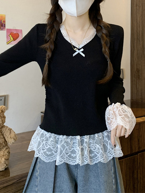 Stylish and Unique Bow-Tie Blouse for Women, Autumn and Winter Lace Patchwork Faux Two-Piece Chic High-End Top