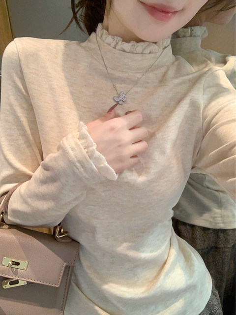 Korean Style Sweet Half-High Collar Lace Patchwork T-Shirt for Women 2025 Early Autumn Design Double-Sided Cashmere Slim Fit Top