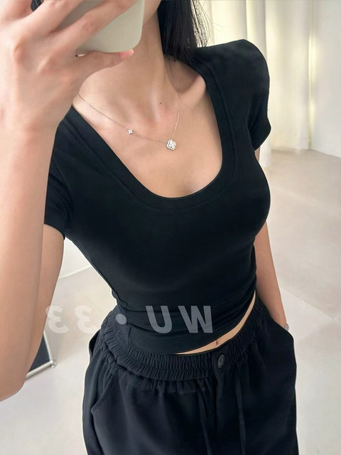 Trendy U-Neck High-Stretch Short-Sleeve T-Shirt for Women, New Summer Style, Sexy, Versatile, Simple, Pure Desire, Shoulder Pad Top