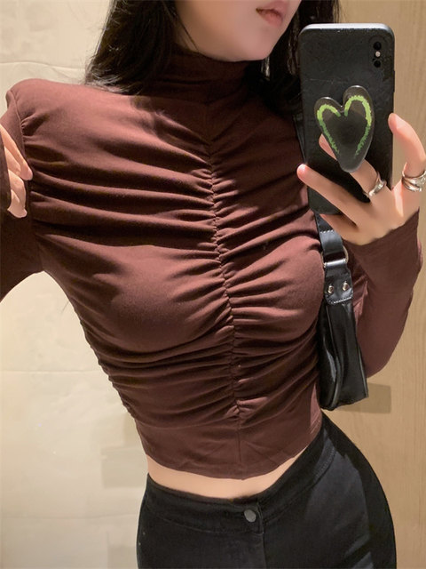 Korean-Style Simple Fleece-Lined Versatile Slim-Fit T-Shirt for Women, Autumn High-Neck Elegant Pleated Particularly Beautiful Waist-Cinching Top