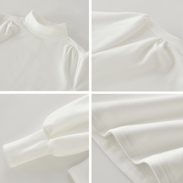 French-Style Half-High Collar Puff Long-Sleeve T-Shirt for Women, New Autumn and Winter Simple White Slim-Fit Thermal Base Layer Shirt ins