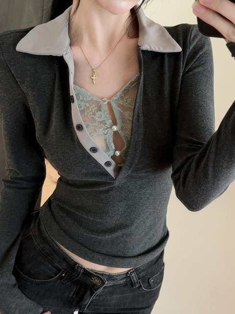 Purely Alluring Spicy Girl Style Waist-Cinching Slimming Chic Knit Sweater for Women, Autumn and Winter Fake Two-Piece Design with Lace Splicing, Stunning Top