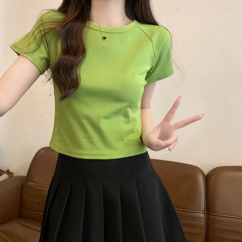 Green Dopamine Style Base Layer Short-Sleeve T-Shirt for Women, New Summer Design with Raglan Sleeves, Short Top