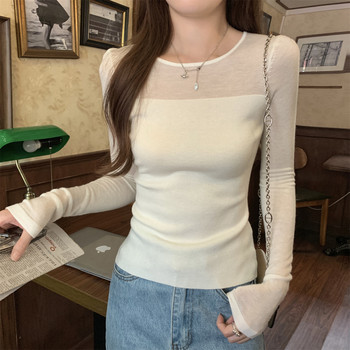 Sexy Sheer Knit Top with Patchwork Design for Women, Early Autumn 2025, Simple and Stylish Base Layer Top