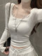 Korean Style Sweet and Slim-Fitting Long-Sleeved T-Shirt for Women in Autumn, Pure and Unique Square-Neck Lace Splicing Cashmere Top