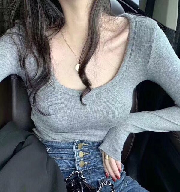 2024 Autumn/Winter Solid Color Inner T-Shirt Low Neck Slim Fit Base Shirt Long Sleeve Tight Versatile Chic T-Shirt for Women